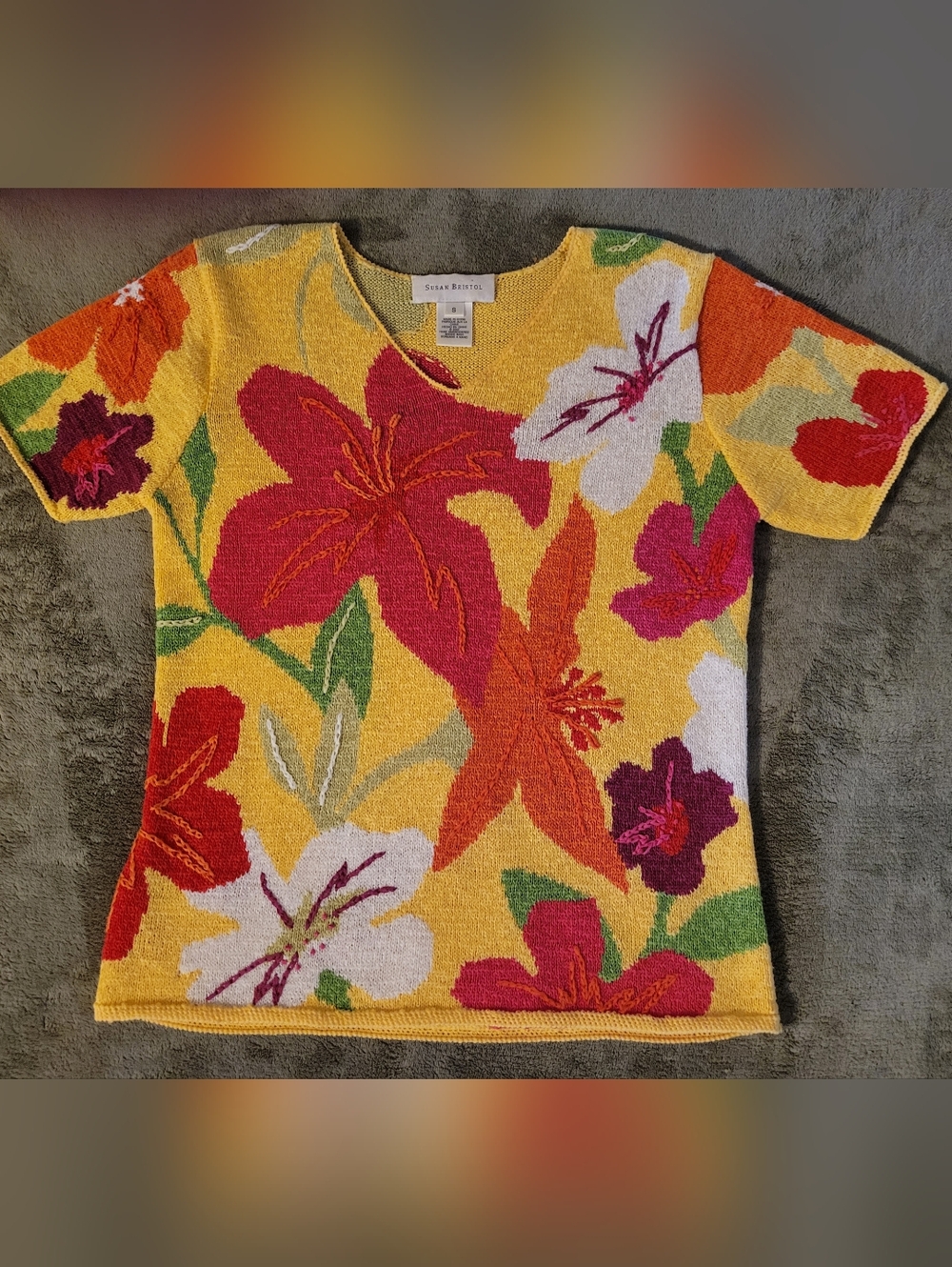 Susan Bristol Yellow Floral Short-Sleeve Crewneck Sweater